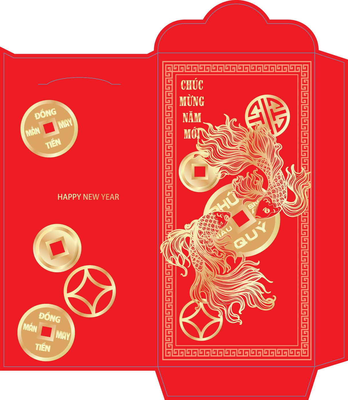 Bao lì xì tết - Cá chép vàng phú quý đồng tiền xu