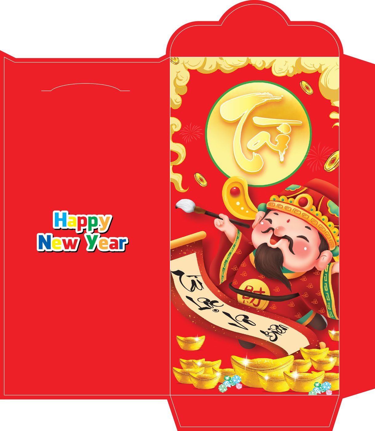 Bao lì xì tết - Thần Tài viết chữ tài vàng nén