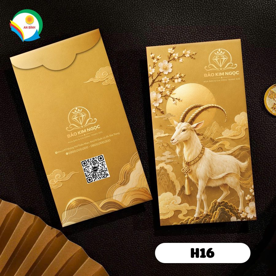 Bao lì xì in logo thương hiệu mẫu H16 - vàng, dê và hoa đào