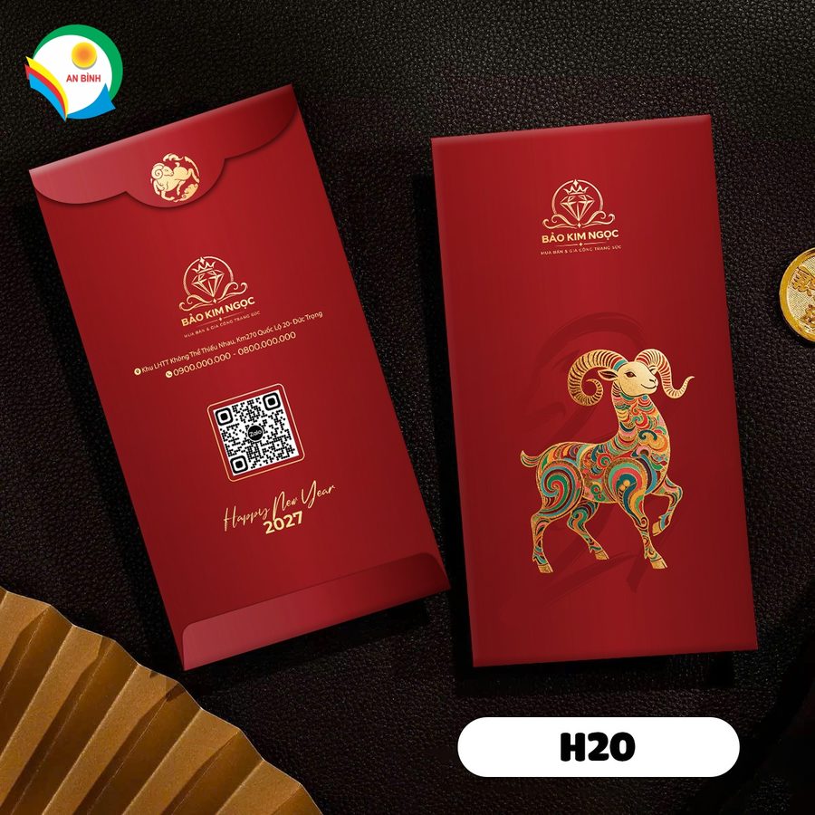 Bao lì xì in logo thương hiệu mẫu H20 - đỏ, dê hoa văn