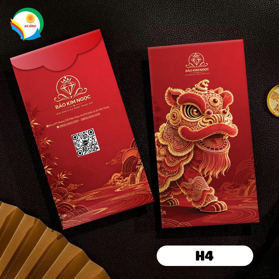 Bao lì xì in logo thương hiệu mẫu H4 - sư tử múa lân đỏ