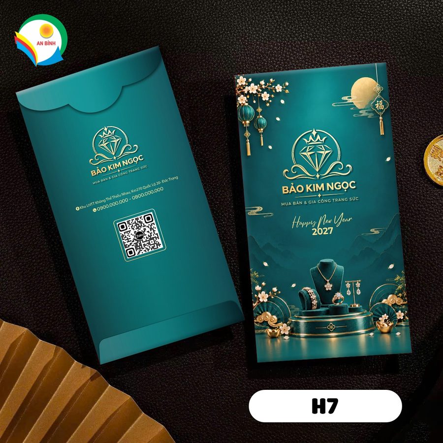Bao lì xì in logo thương hiệu mẫu H7 - xanh ngọc, hoa đào